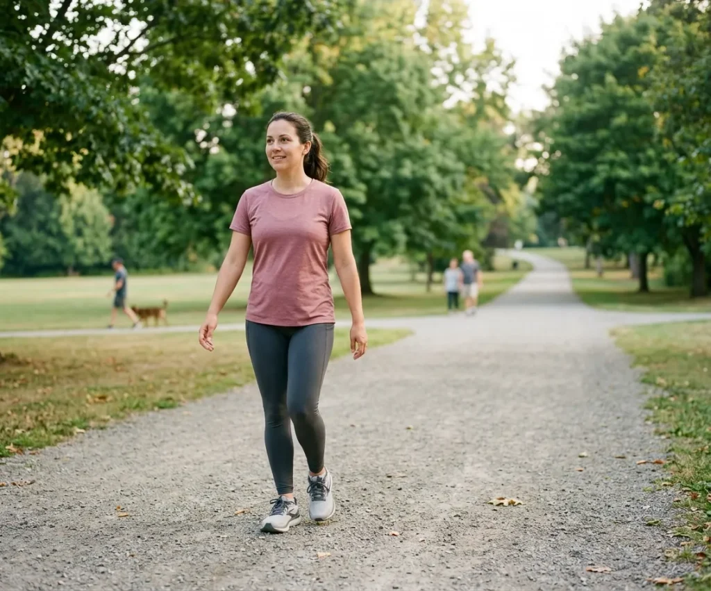 Beginner runner taking a walking break on a park path during a run-walk workout.