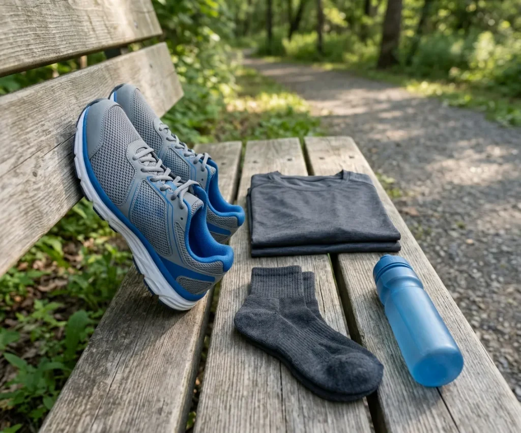 Running shoes, comfortable workout clothes, socks, and a water bottle arranged for a beginner run.