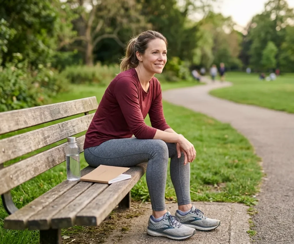 Beginner runner resting on a park bench and reviewing a running journal after an easy workout.